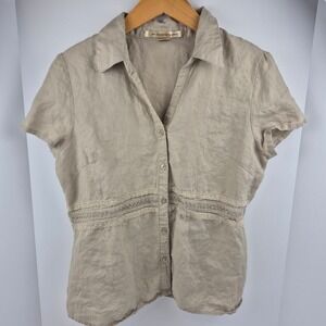Ecologie Womens Beige 100% Linen Short Sleeve Button Down Shirt Top XL Nature
